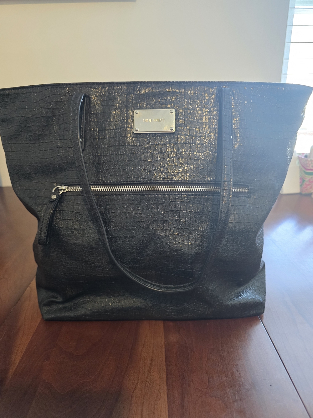 Nine West Black Croc-Embossed Tote with Front Zip Pocket